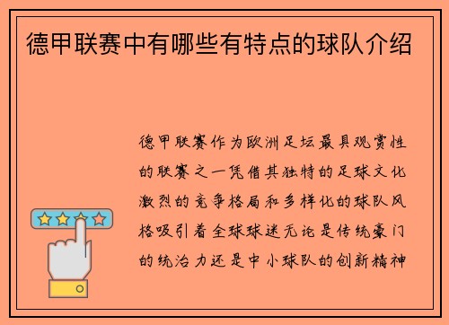 德甲联赛中有哪些有特点的球队介绍